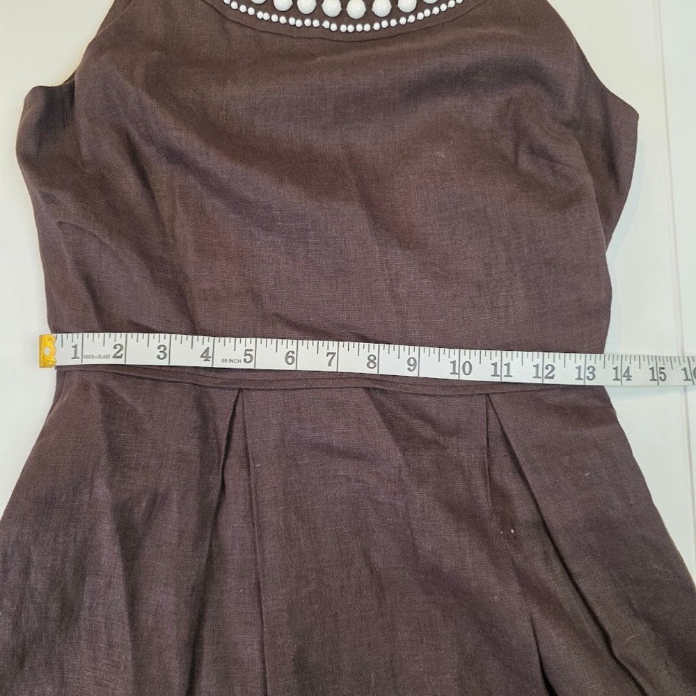 Kate‎ Spade Women's Sz 4 Fit & Flare Dress Brown 100% Linen Beaded Sleeveless - Picture 9 of 11